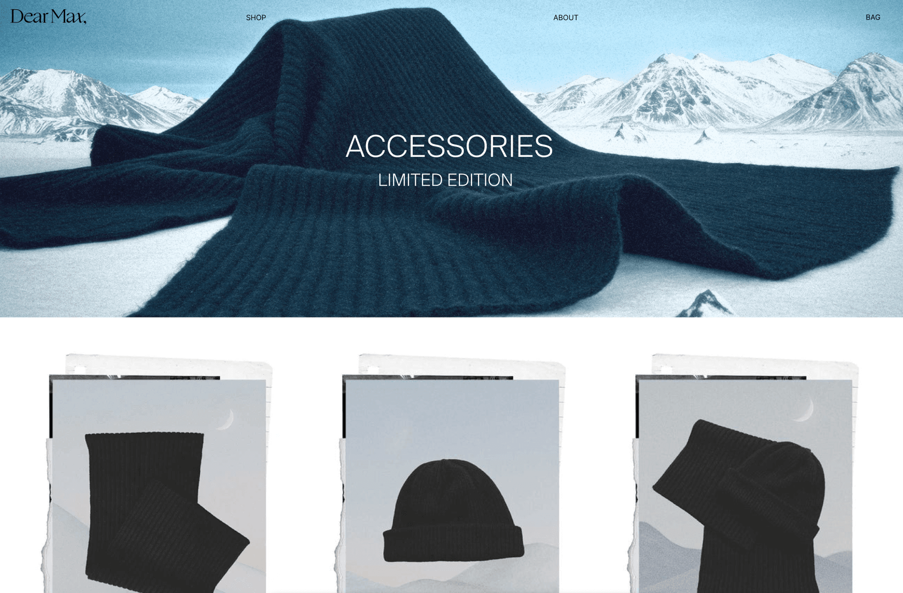 Dear Max website homepage with a teal knit scarf draped over a snowy mountain photo, above an accessories product grid.