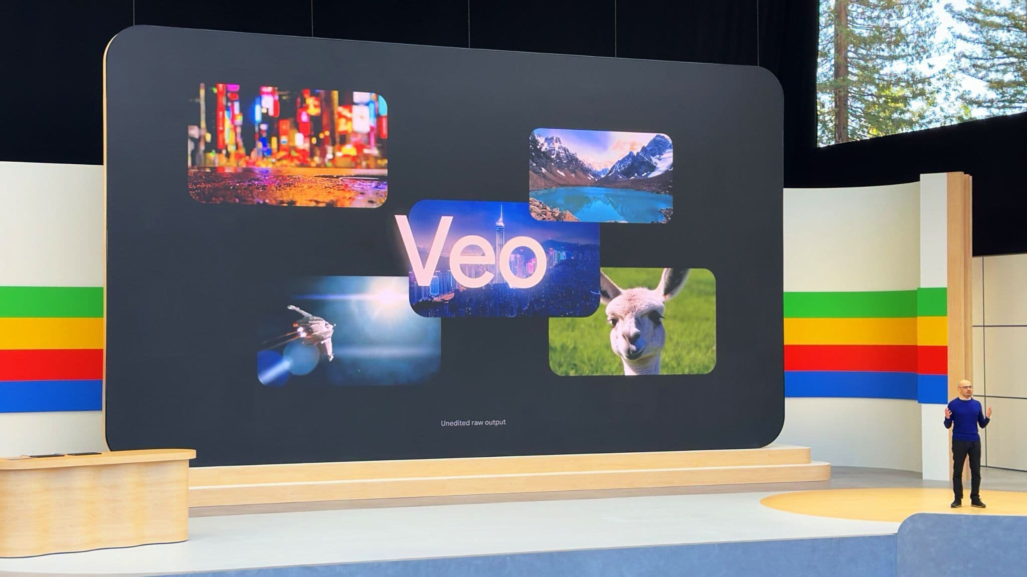 Presenter beside a screen showing the 'Veo' logo alongside sample generated video thumbnails.