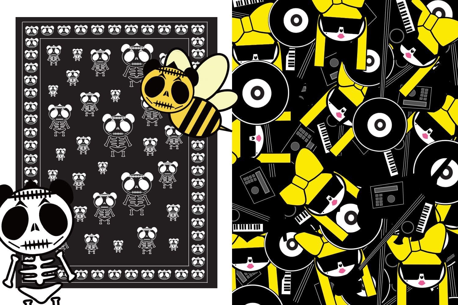Split pattern graphic of black panda-and-bee icons next to a yellow panda-and-vinyl-record icon pattern.