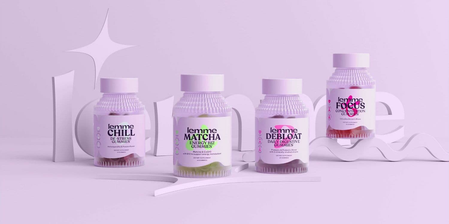 Row of Lemme supplement bottles and a spray bottle with packaging on a lavender background.