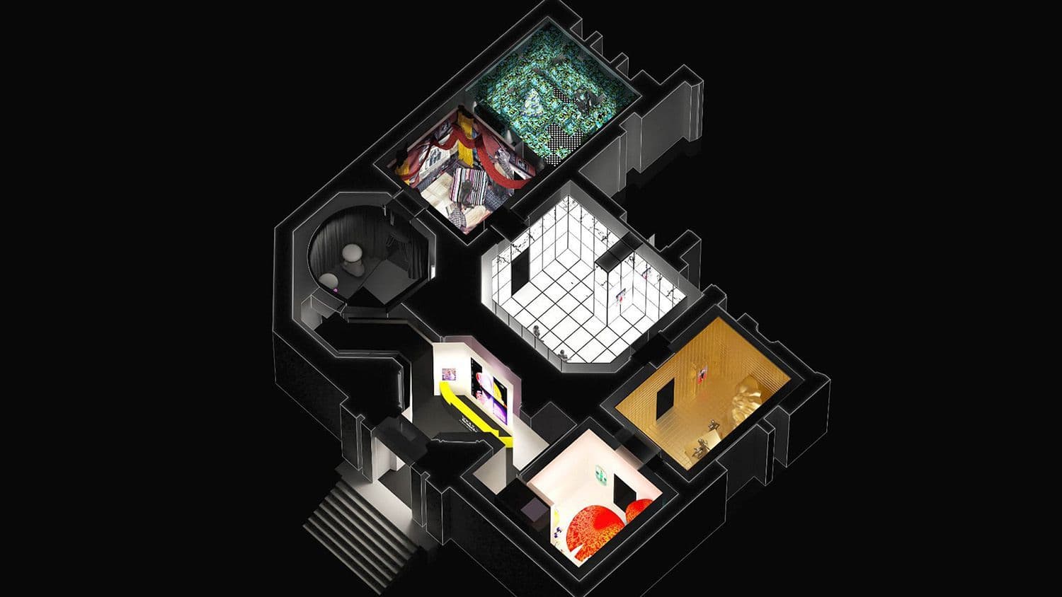 Isometric cutaway diagram of the exhibition's floor plan, showing a sequence of individually themed rooms.