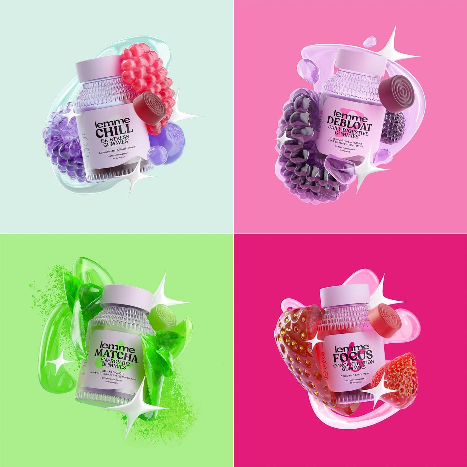 Four-panel color-blocked grid showing Lemme products on mint, pink, green, and magenta backgrounds.
