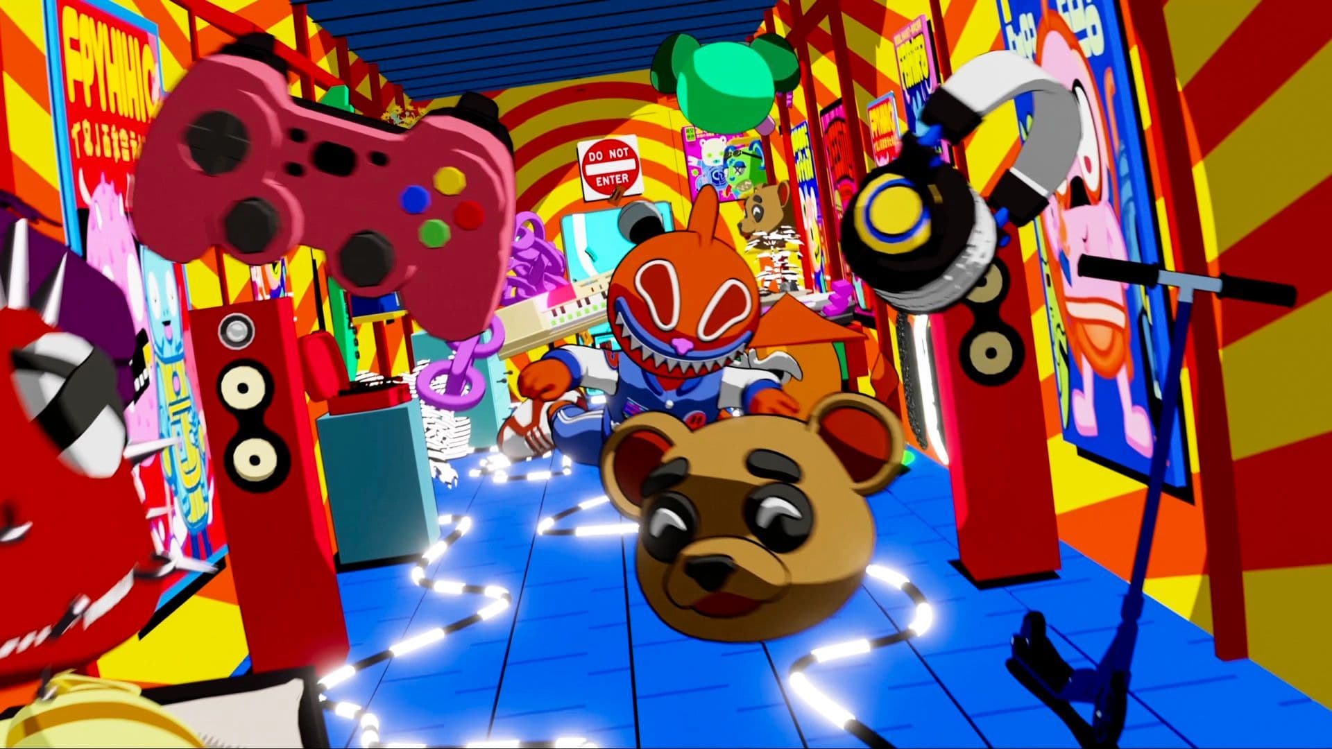 A toy-themed corridor with an oversized cartoon bear mascot, striped floor, and colorful toy displays lining the walls.