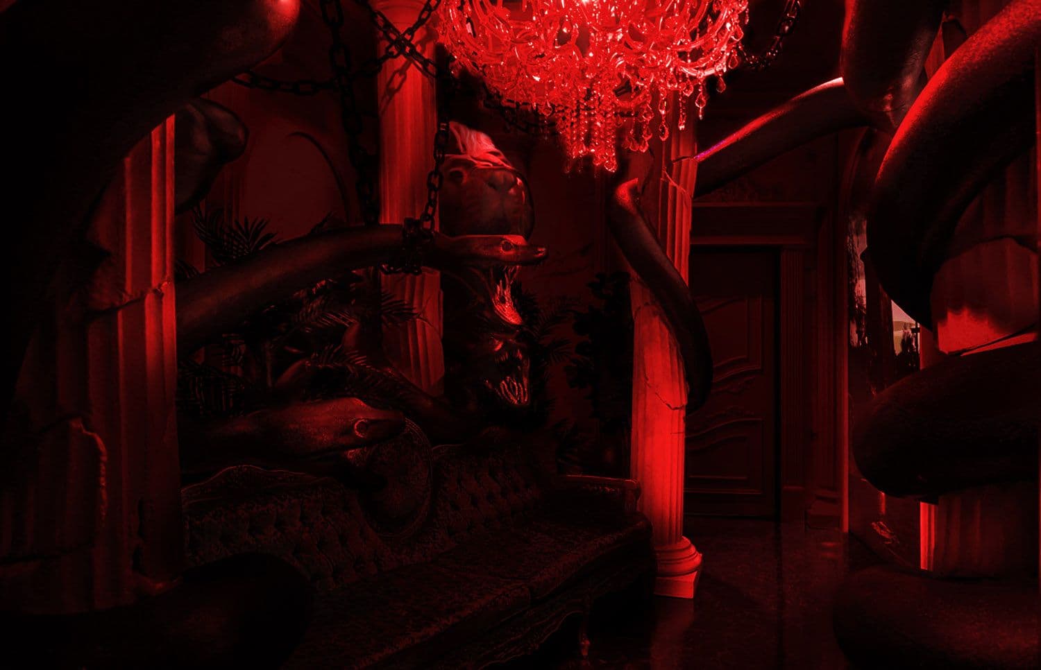 Red-lit corridor with ornate architectural columns and hanging plants.