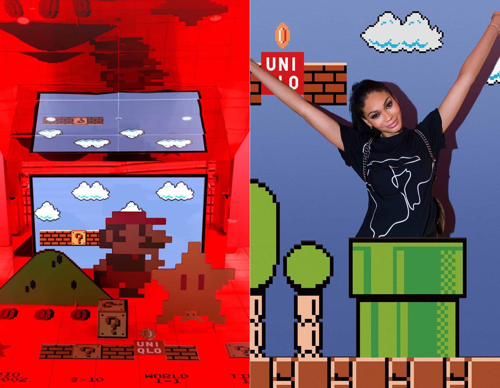 Split image: a pixel-art Super Mario poster with a question block on the left, and a woman in a black UNIQLO t-shirt posing with arms raised in front of a pixel Mario mural on the right.