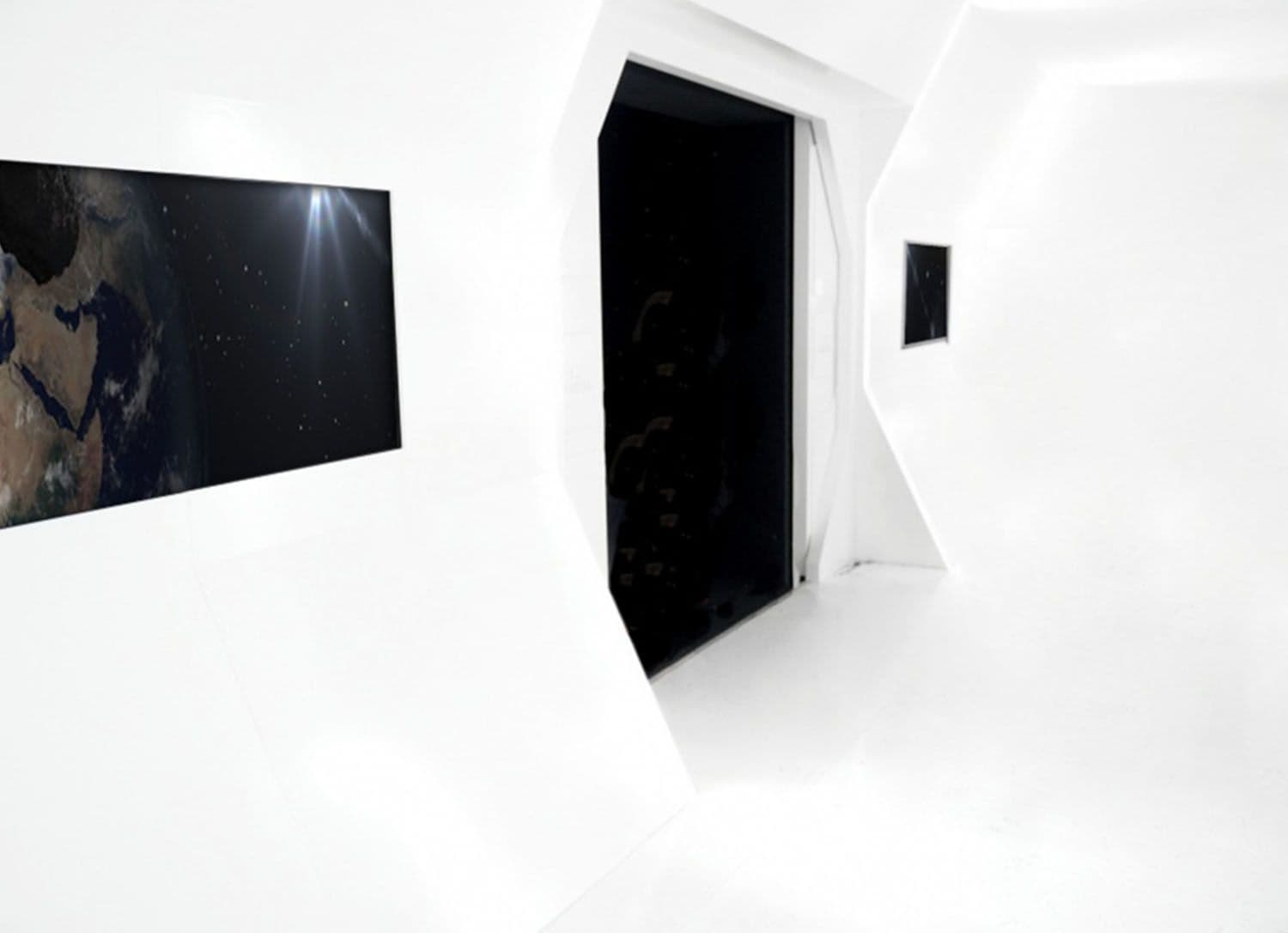 White paneled room with a wall screen showing an image of Earth beside a dark angular doorway.