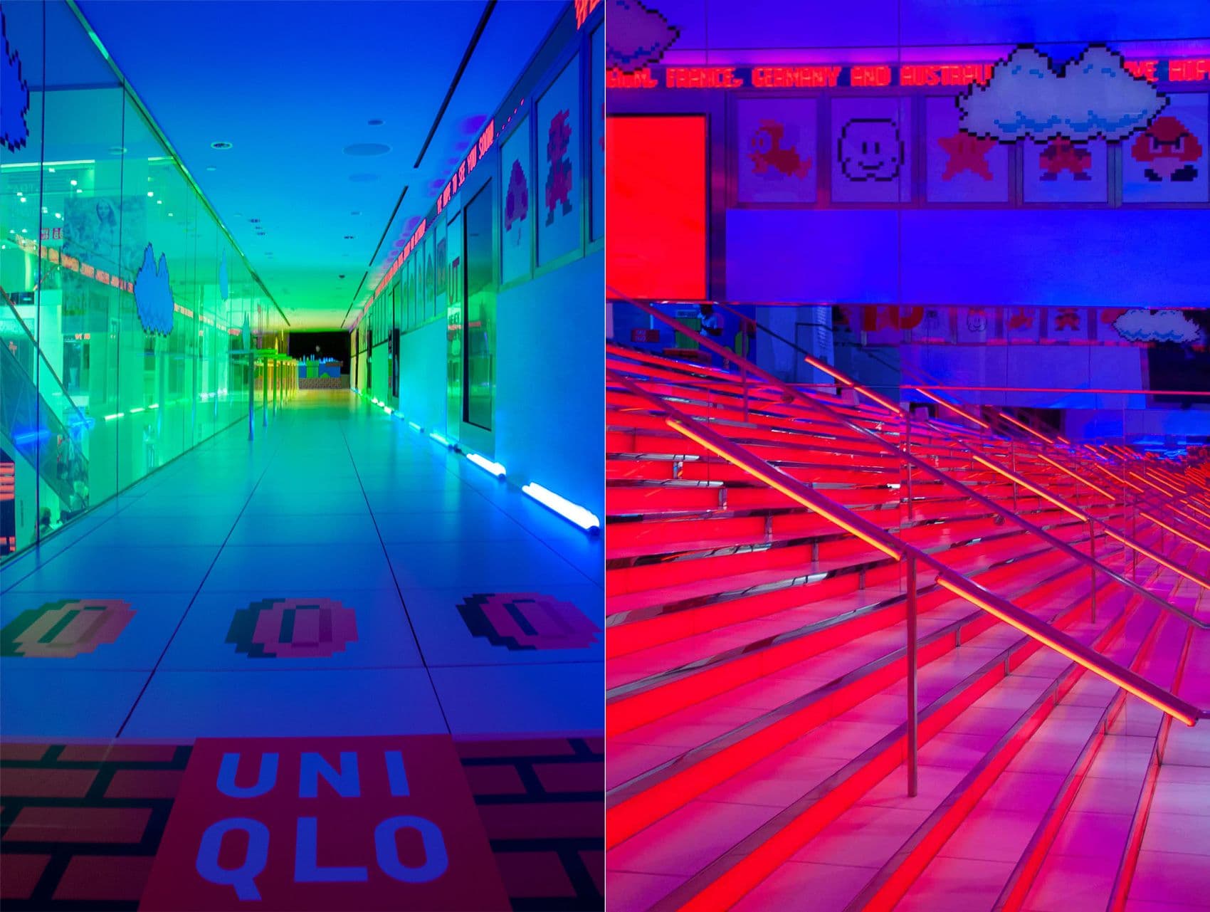Split image: a green-lit corridor with a UNIQLO floor decal on the left, and a red-lit staircase on the right.