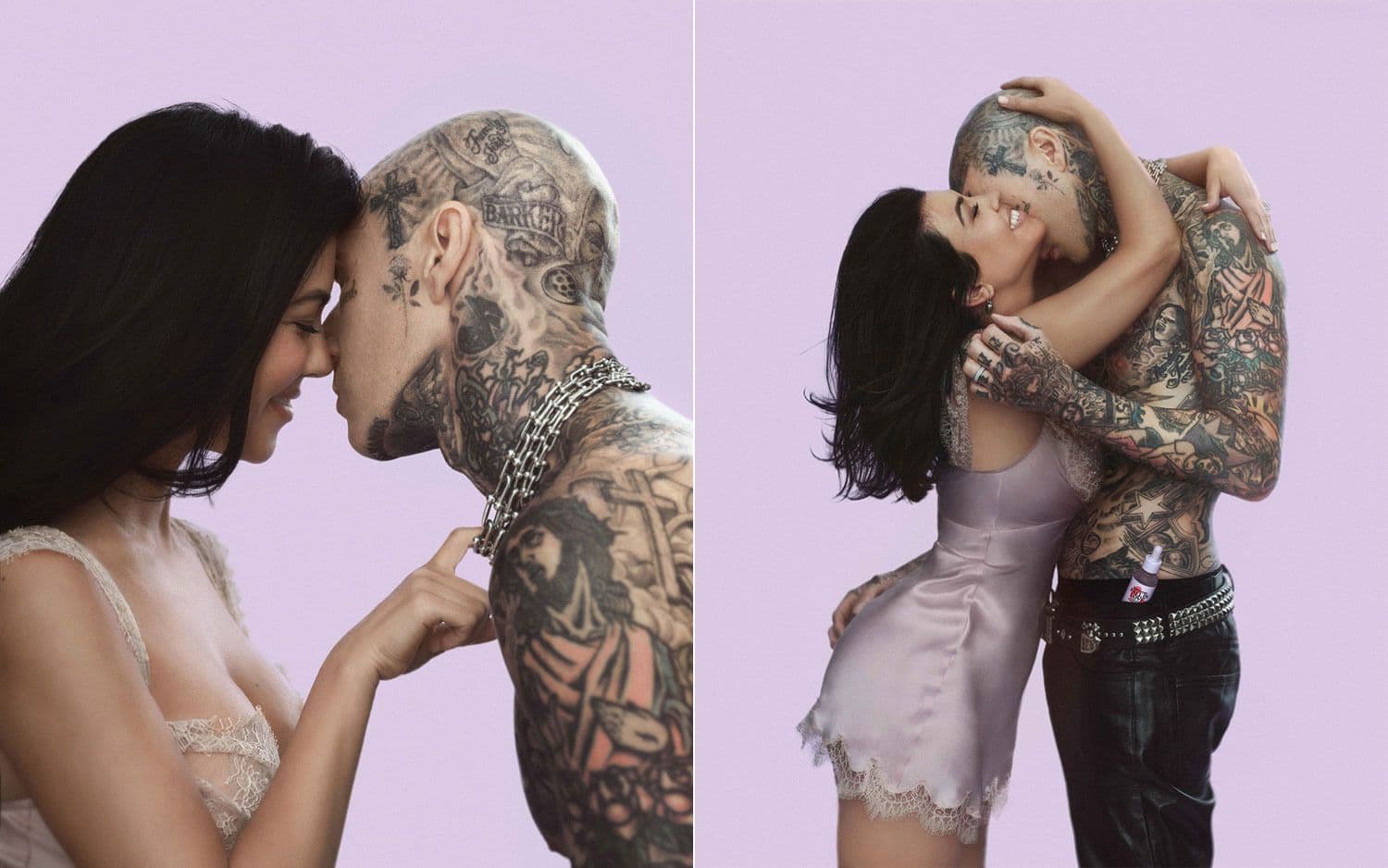 Two tattooed people embracing closely, faces near each other.