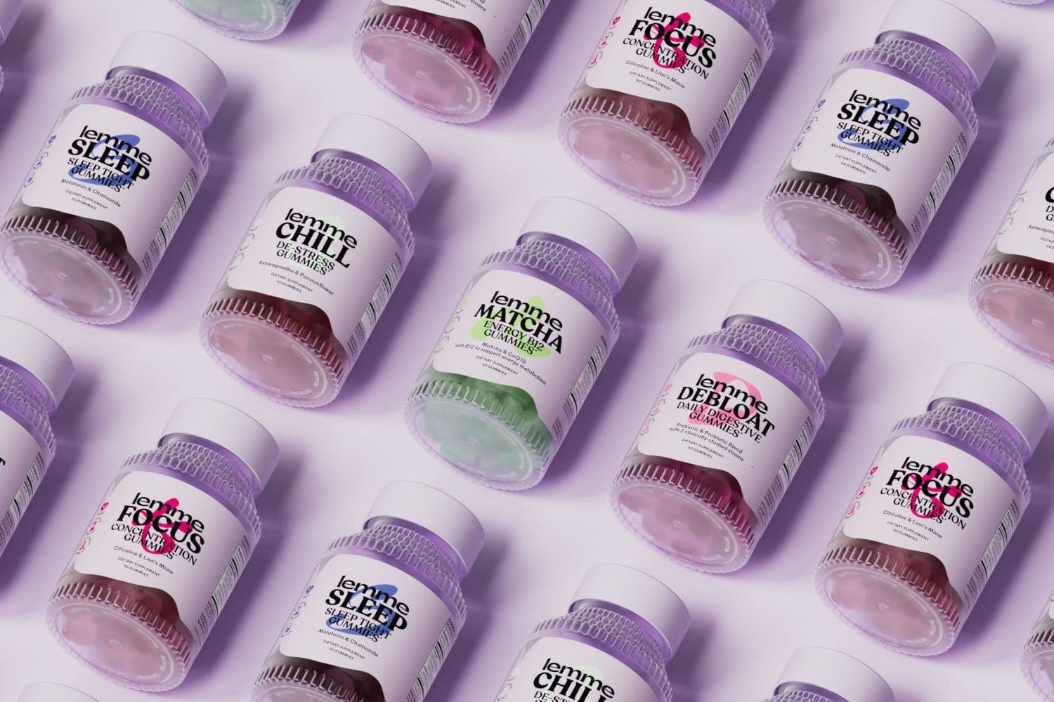 Repeating grid pattern of Lemme supplement jars in purple and green packaging.