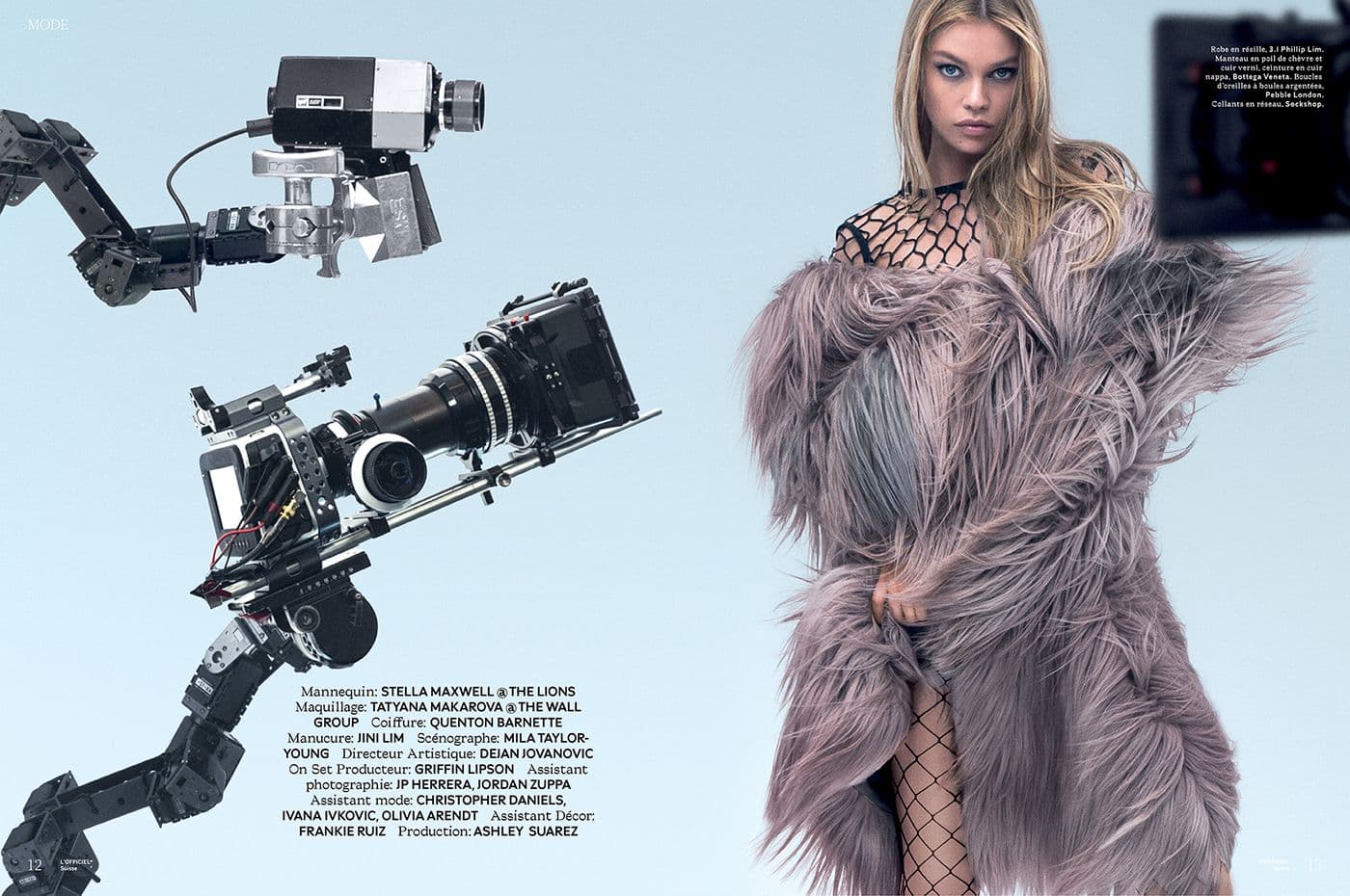 Editorial spread of a model in a fishnet top and fur coat beside robotic camera arms, with credits text and a magazine cover thumbnail