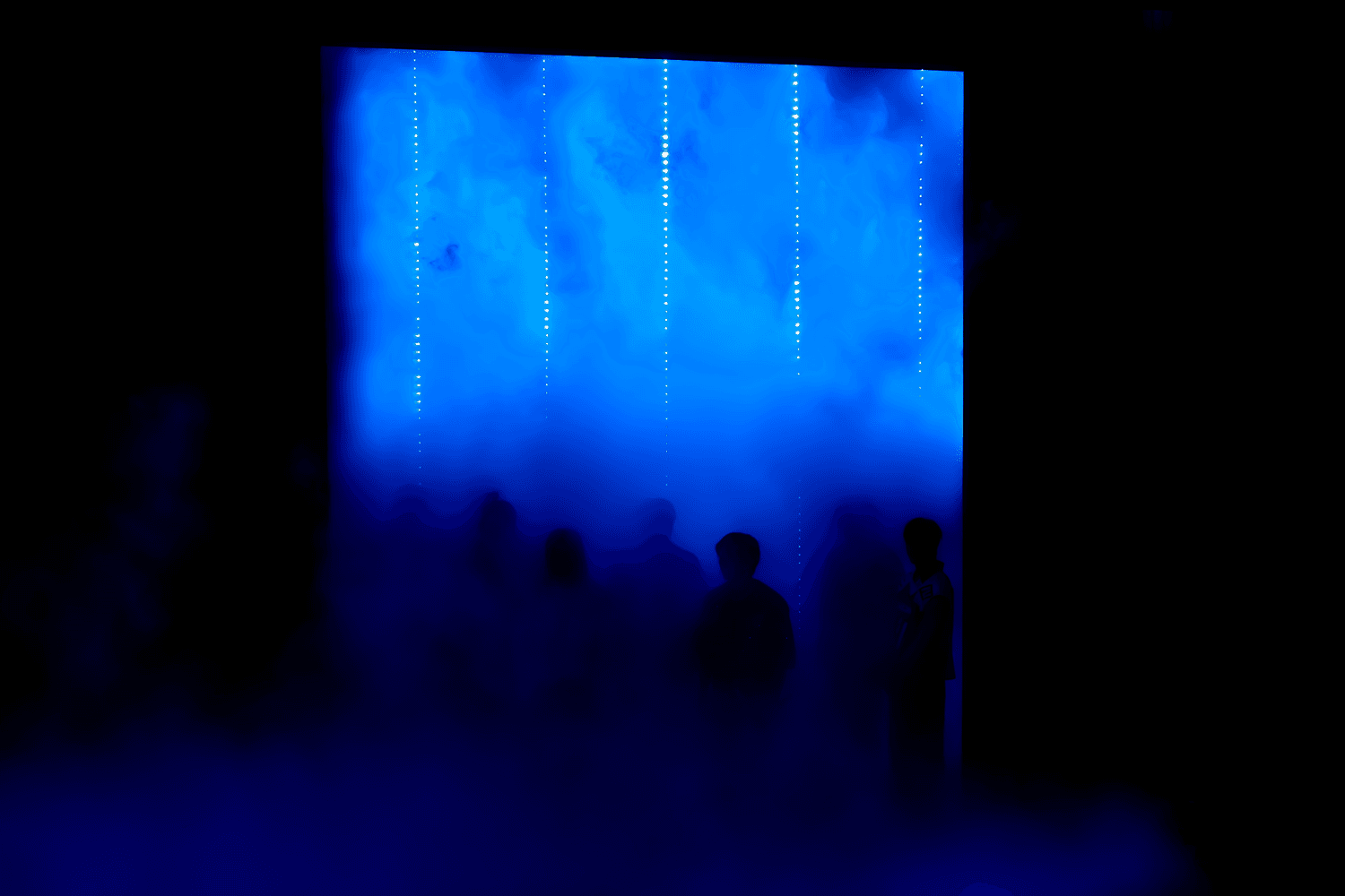 Silhouetted audience members standing before a large blue-lit screen panel