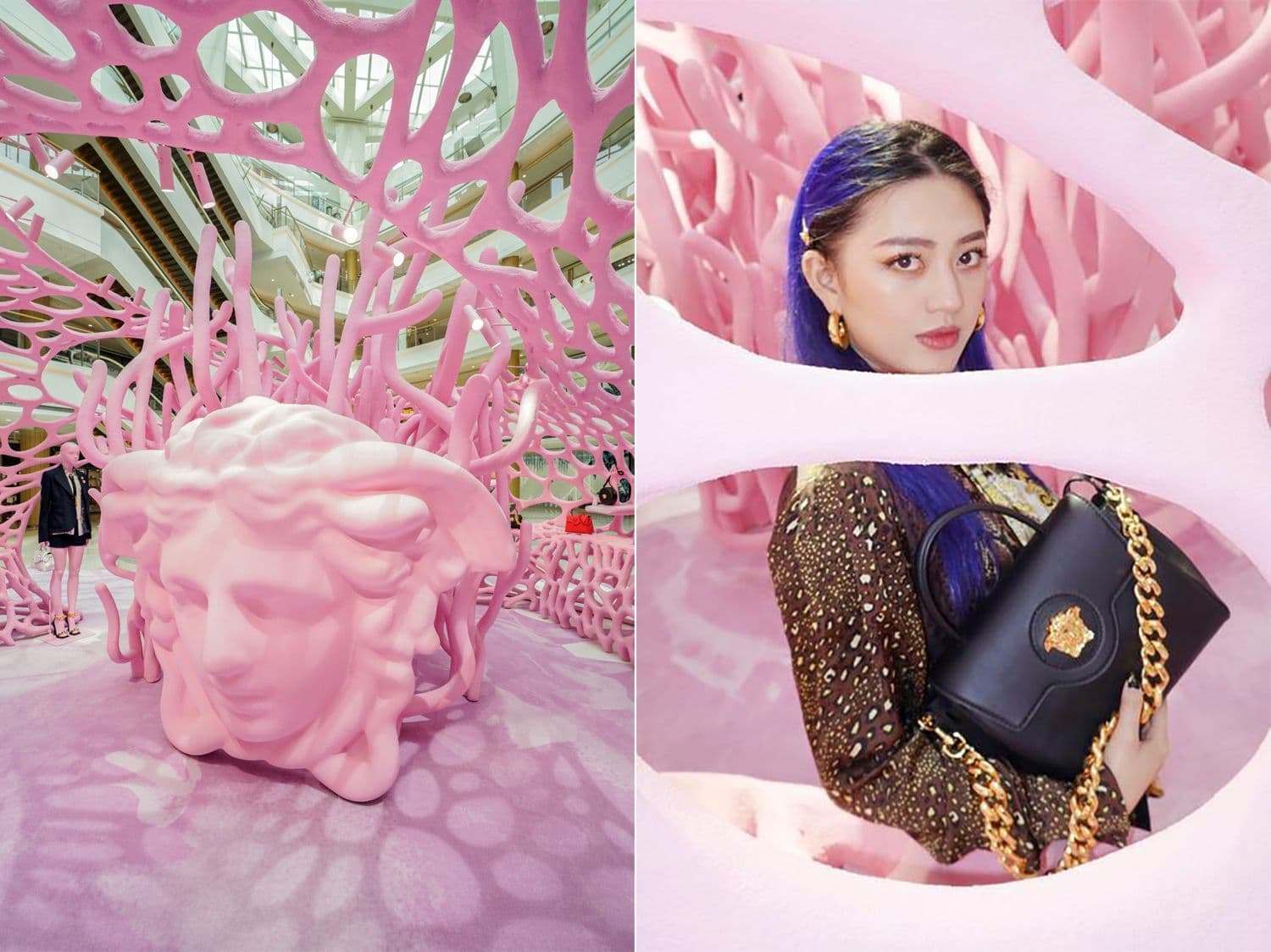 Two side-by-side photos: a wide view of the coral-branch pavilion and Medusa head sculpture in the mall atrium, and a close-up of a woman with purple hair holding a black chain-strap Versace bag seen through an opening in the pink lattice.