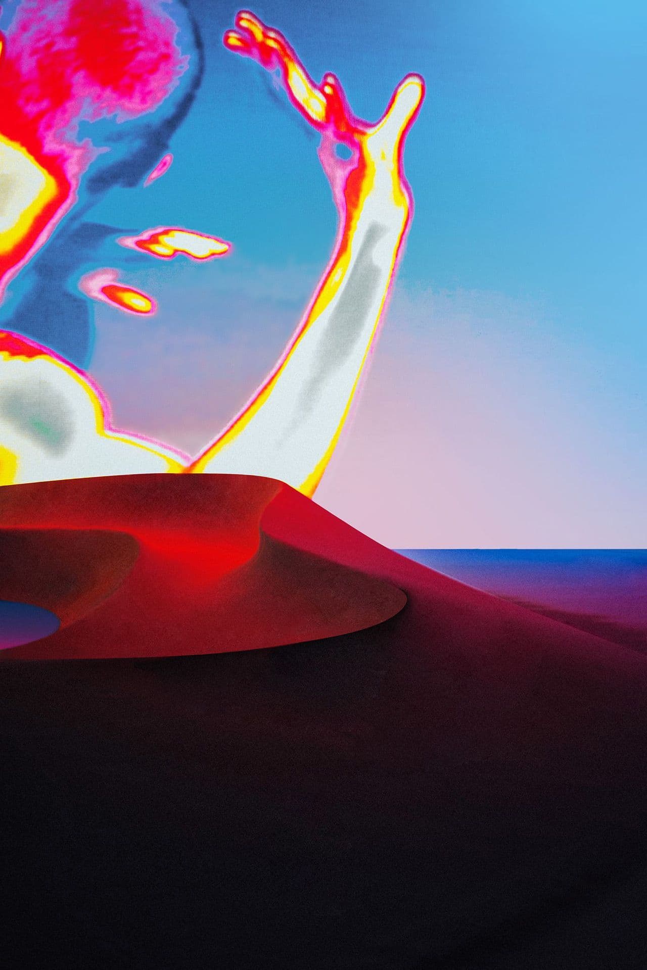 Vertical abstract illustration of an outstretched hand reaching upward against a blue sky above a dark red dune.