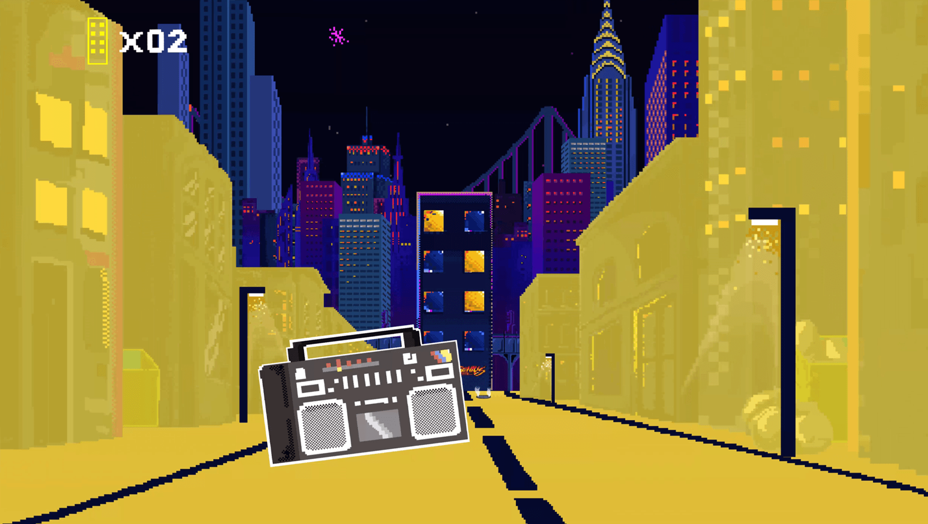 Pixel-art boombox sitting on a yellow-lit city street at night in a retro video game scene.