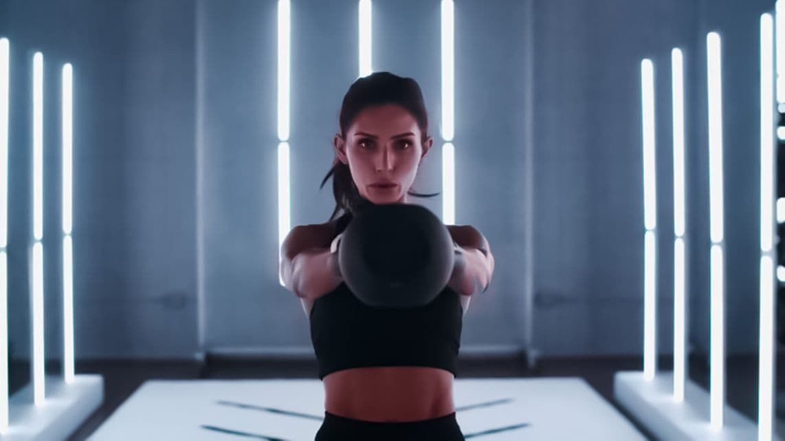 Woman in black activewear throwing a punch, backlit by vertical LED light tubes in a dark gym studio.