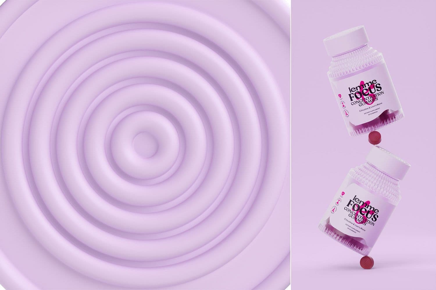 Concentric purple ripple pattern beside a Lemme supplement bottle.