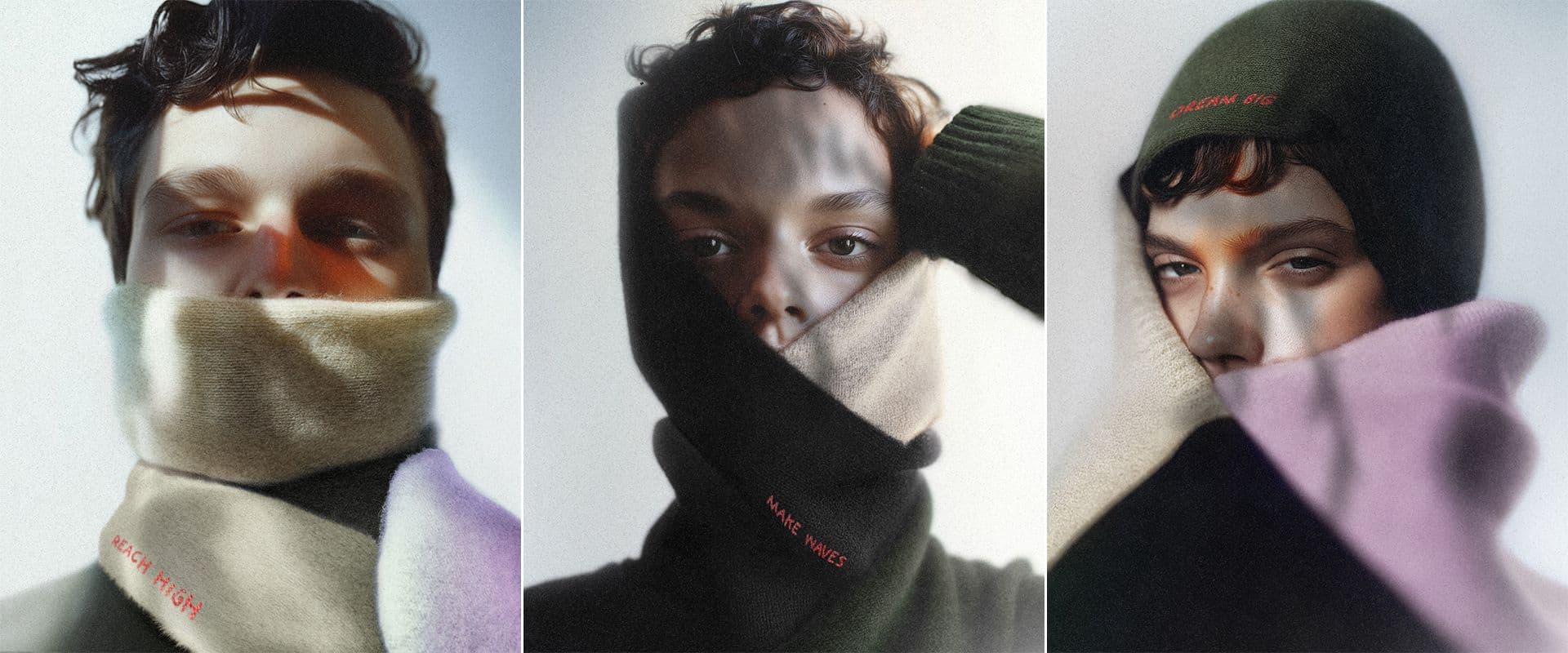 Three cropped portraits of men with faces partly covered by beige, dark green, and lavender scarves and balaclavas.