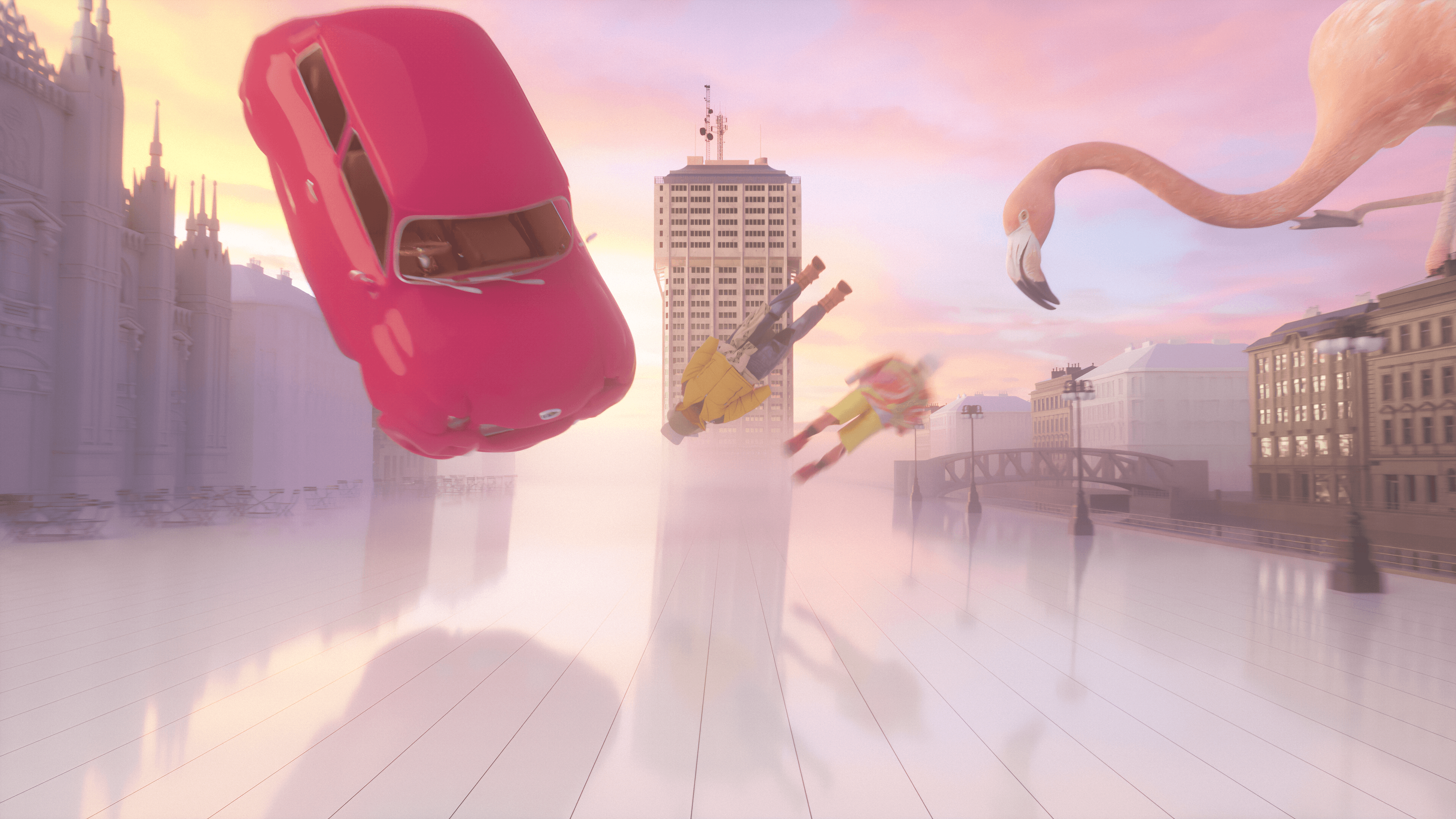 A pink vintage car, a flamingo, and a skateboard floating upside down above a city street.