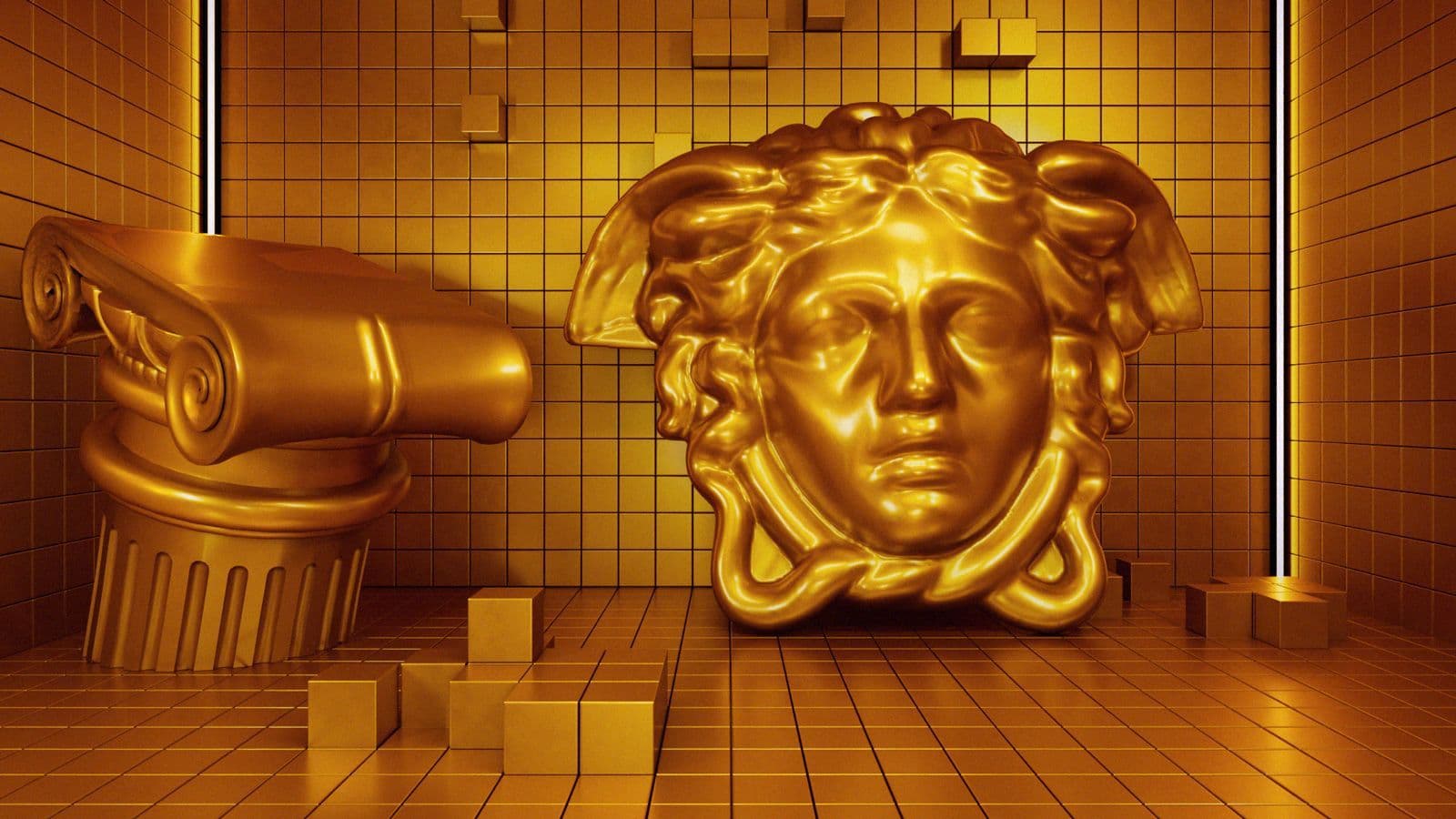 Gold Medusa head sculpture beside a classical column in a gold-tiled room.