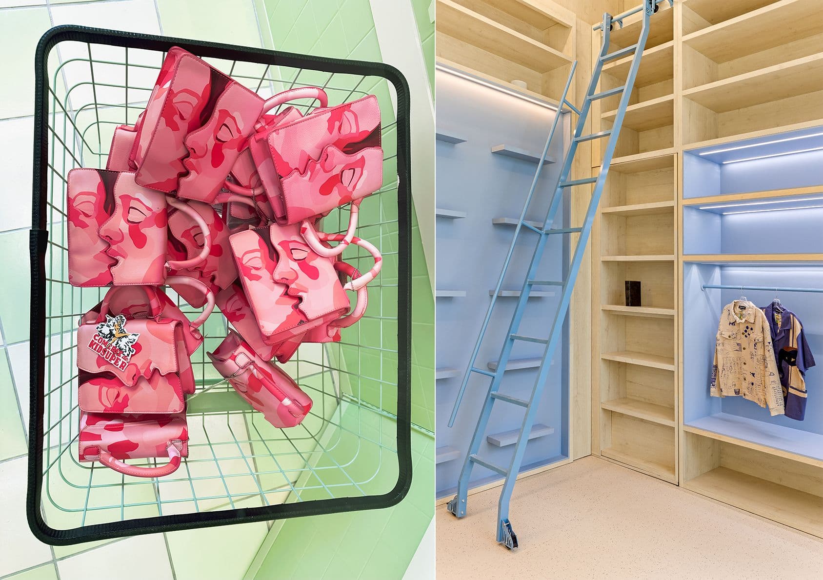 Wire shopping basket filled with pink bow-shaped bag charms near a ladder and storage shelving