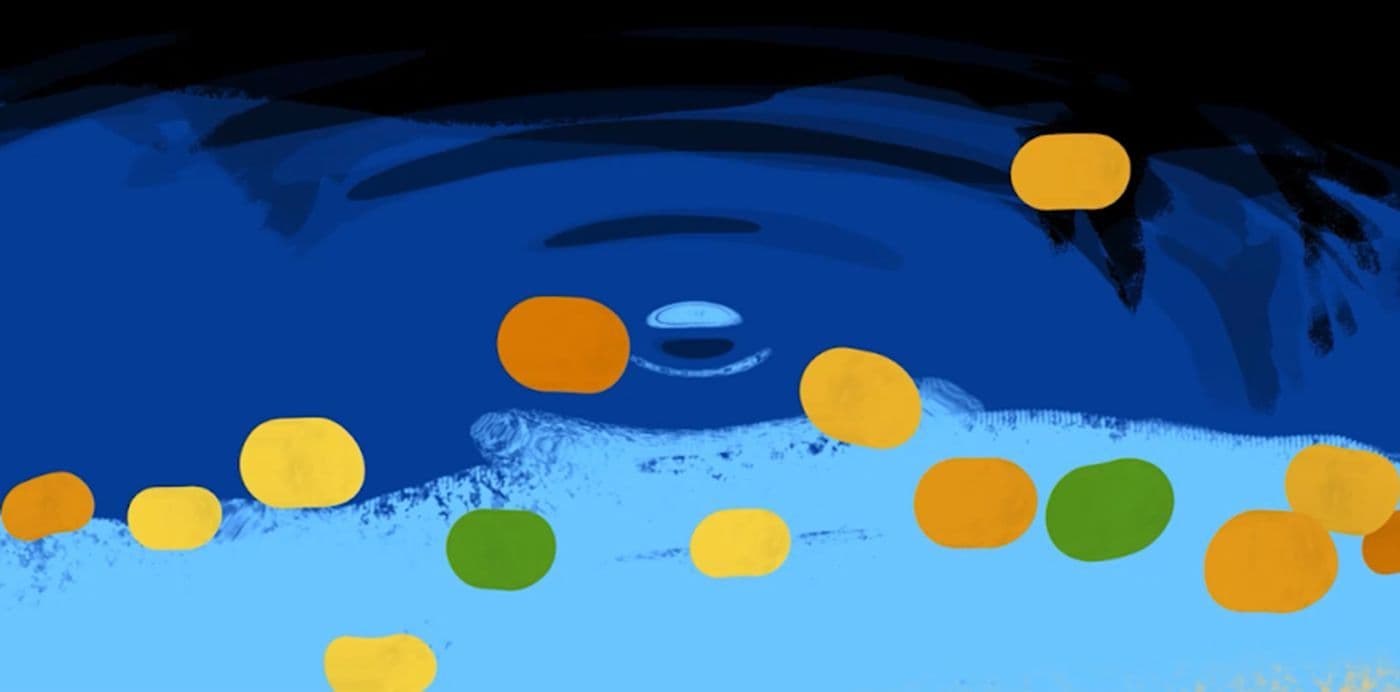 Close-up of orange, yellow and green circular shapes floating on rippling blue water in a digital animation.