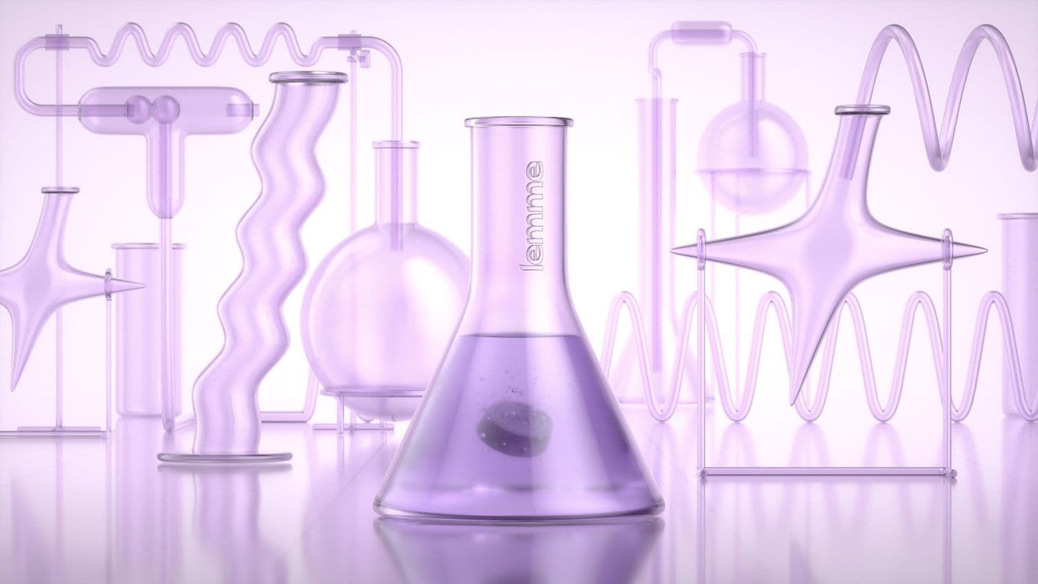 Abstract illustration of glass lab beakers and flasks in purple tones.