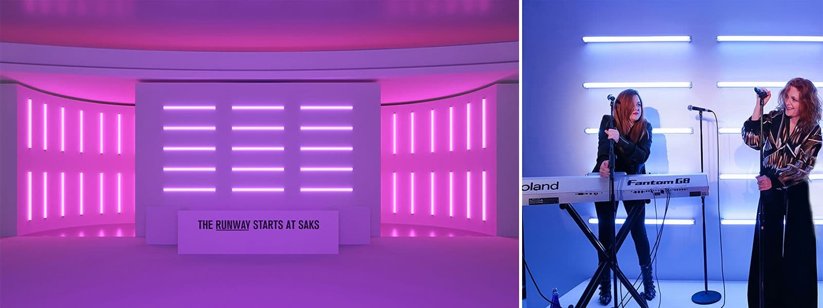 Split view: a pink neon room reading 'the bubbly starts at saks' beside a musician performing at a keyboard in a purple room.