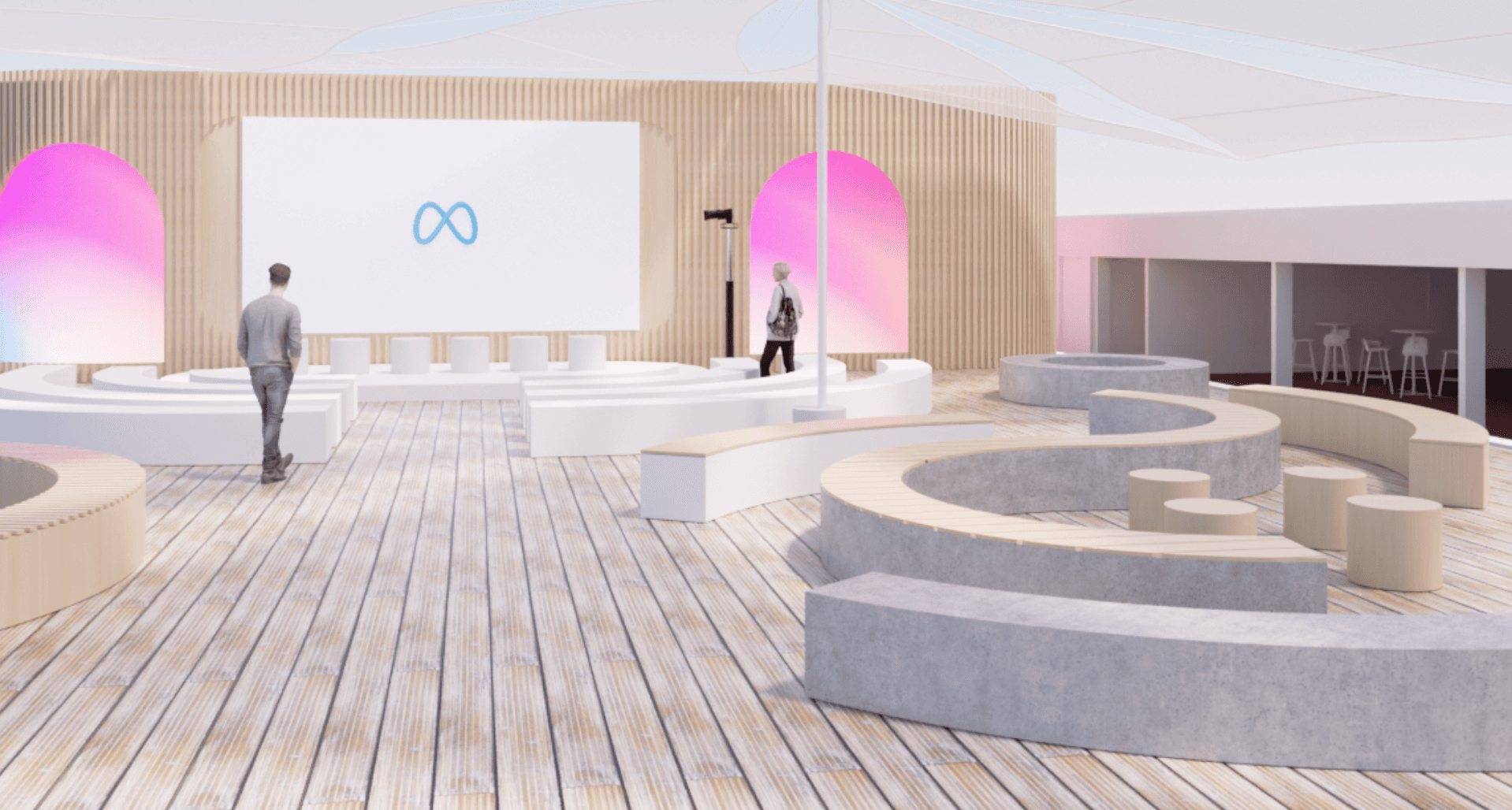 A rendering of a wood-slatted lounge area with a large screen displaying the Meta logo, pink lit alcoves, and curved seating on a wooden deck.