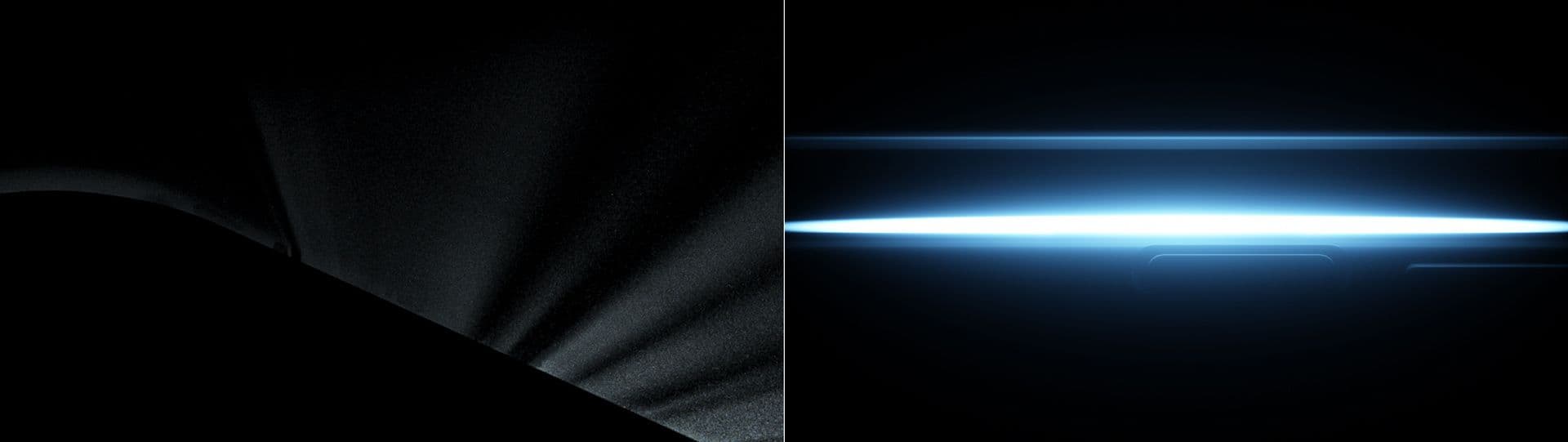 Split screen of a dark folded surface beside a thin glowing blue horizontal line.