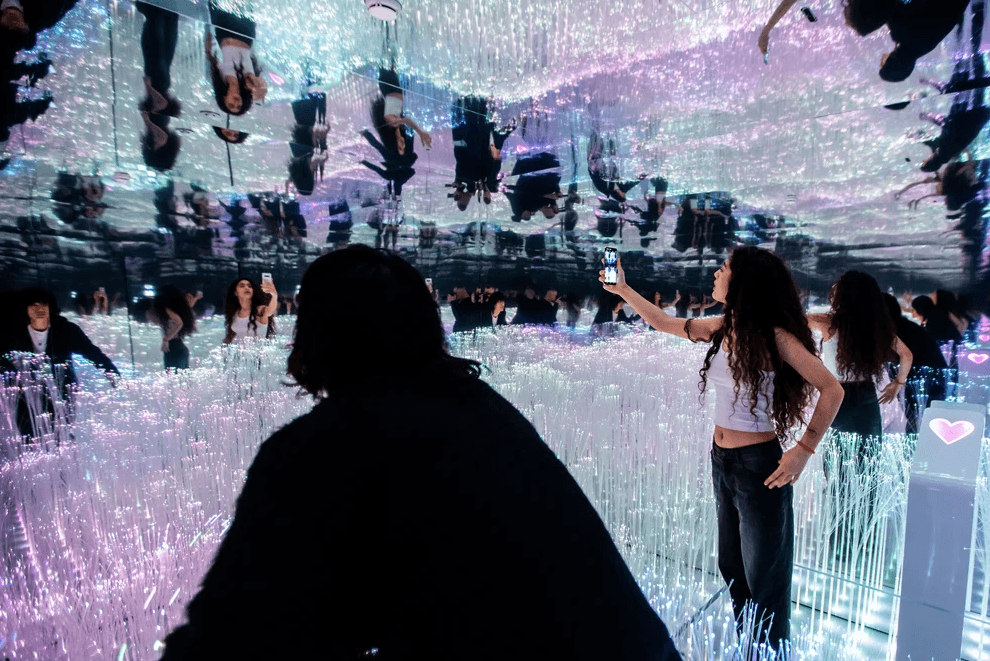 Two people stand inside a mirrored room reflecting dark branch-like patterns, one holding a phone.