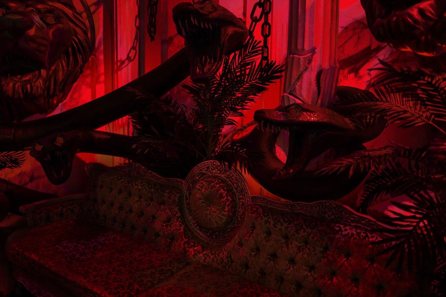 Red-lit lounge area with a tropical-patterned sofa in shadow.