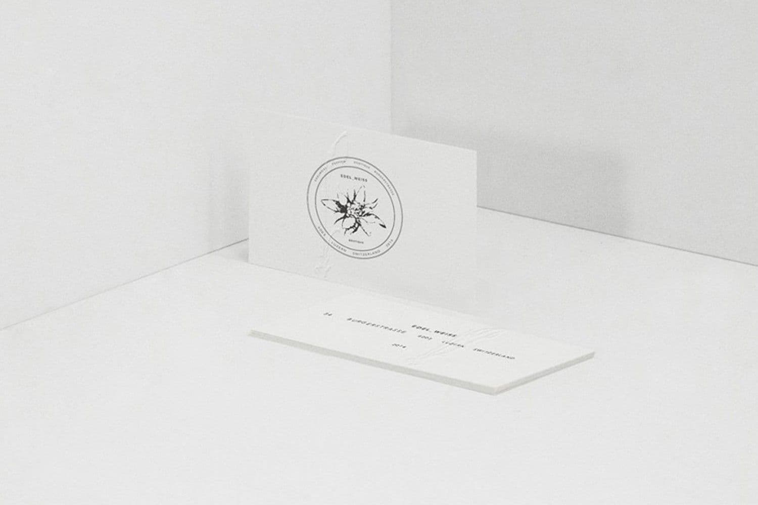 White card standing upright with a circular emblem logo, next to a matching card lying flat with printed text on a white surface.