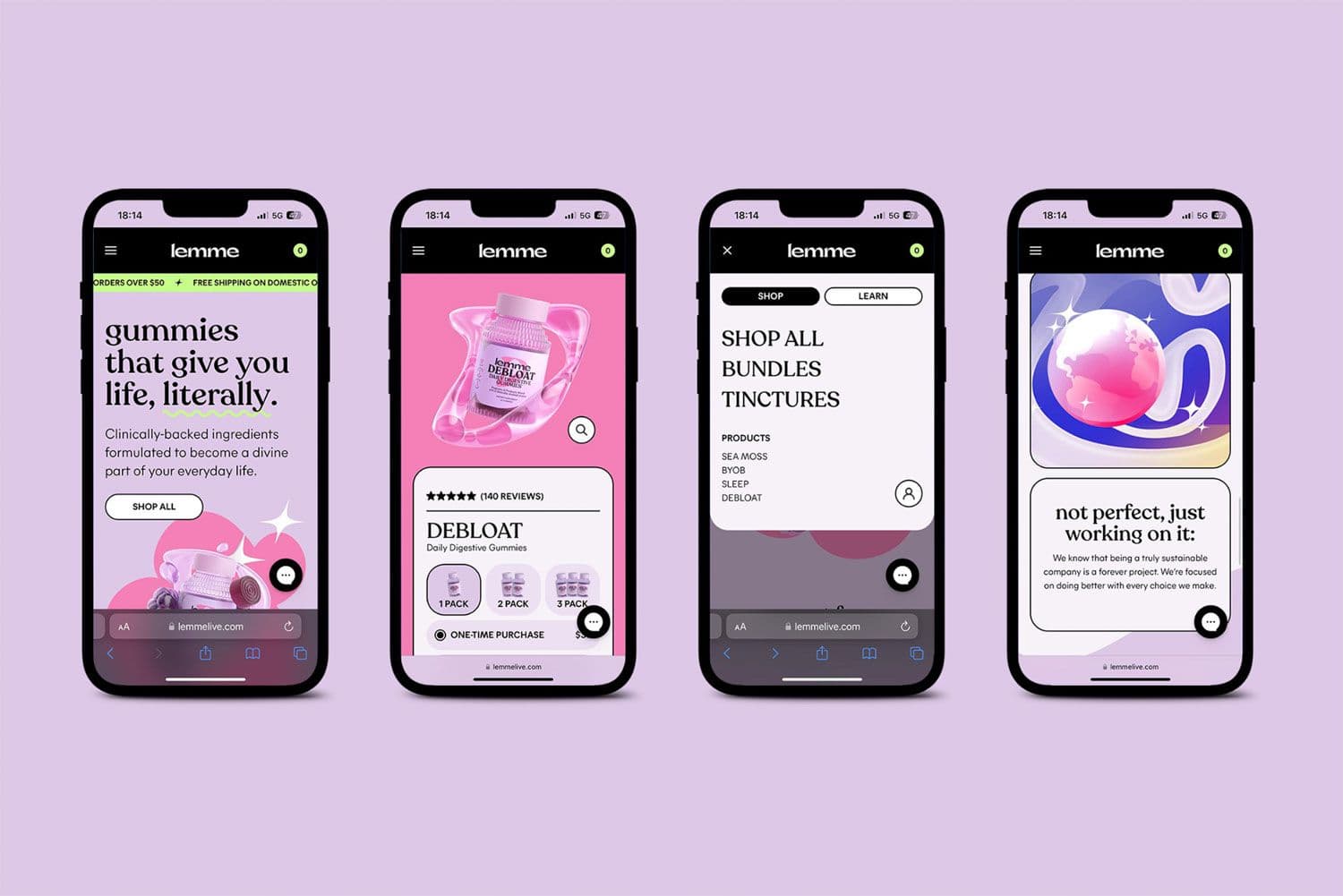 Four smartphone mockups displaying the Lemme website on a lavender background.