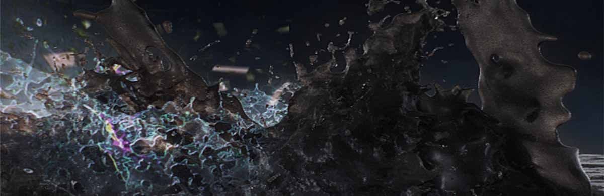 Wide shot of dark shattered debris and glass-like fragments exploding outward against a black background