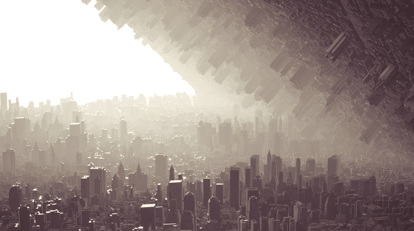 City skyline seen beneath a folded, inverted mirror-image skyline curving overhead.