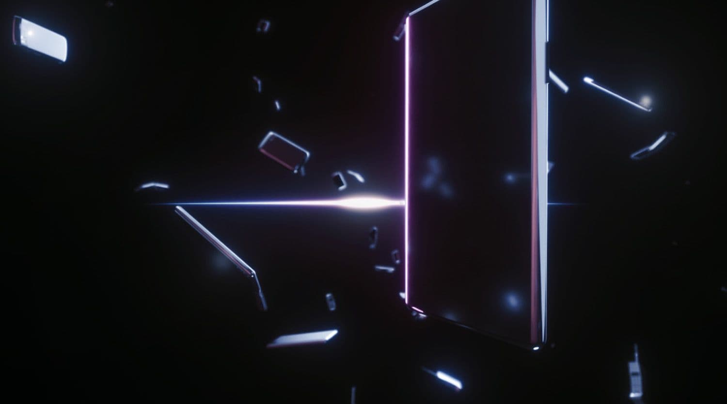 Glowing pink-edged phone silhouette with light particles scattering against black.