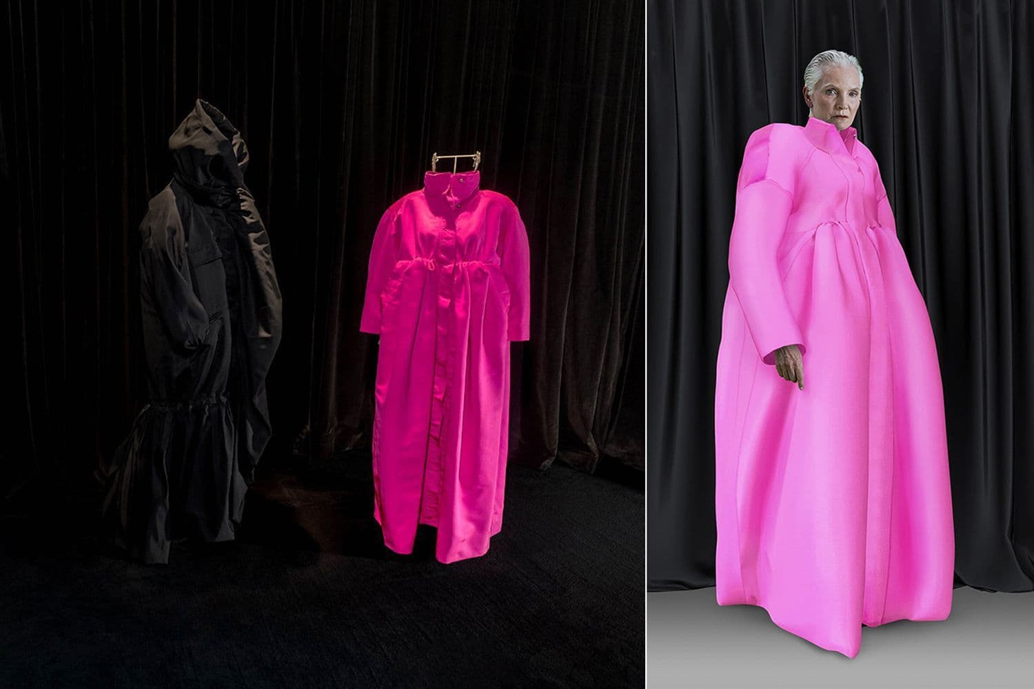 Three looks in a dark gallery: a black hooded cape, a pink caftan on a hanger, and a magenta gown on a mannequin.