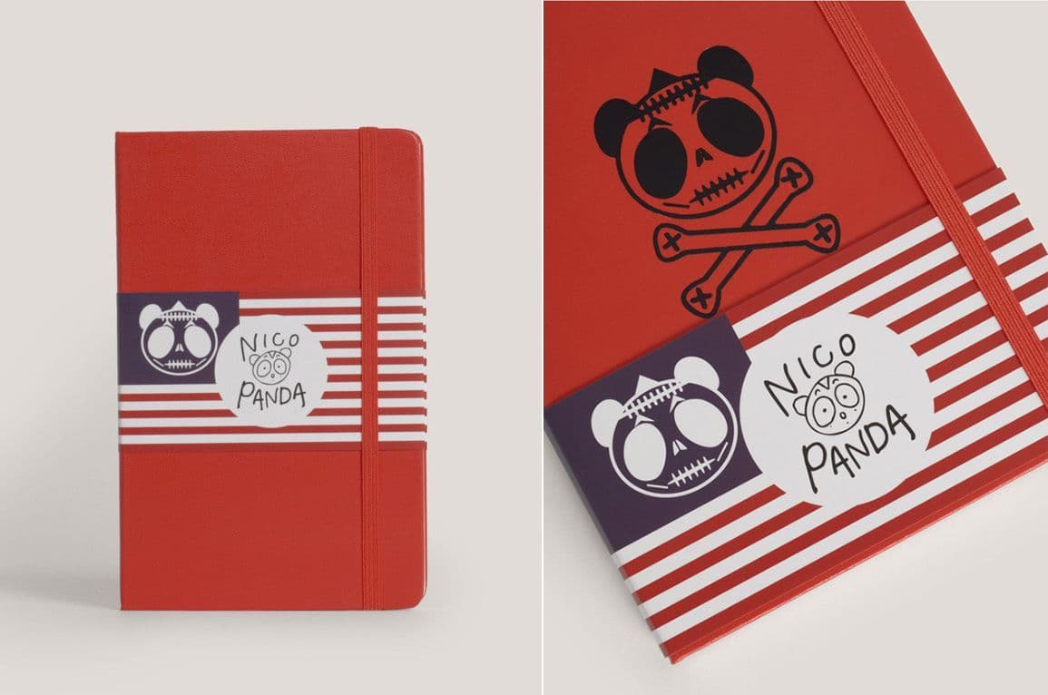 Split image of a red Nico Panda notebook stamped with a skull-and-crossbones panda logo next to a striped notebook cover.