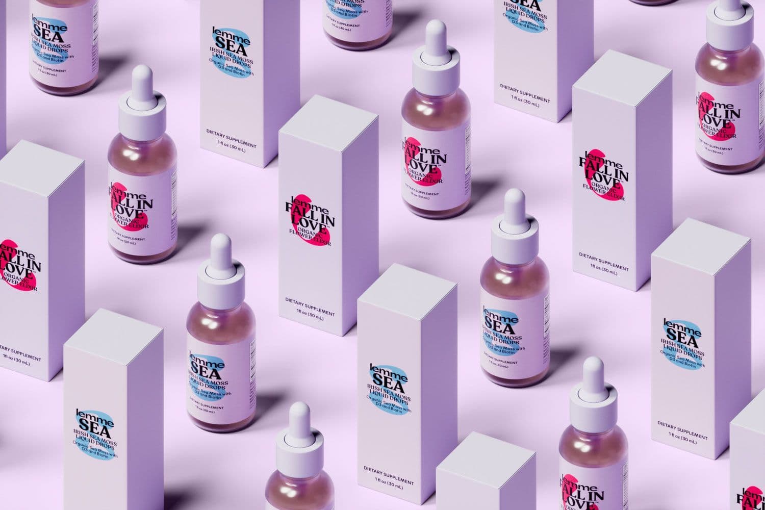 Repeating grid pattern of Lemme skincare bottles and boxes on a lavender background.
