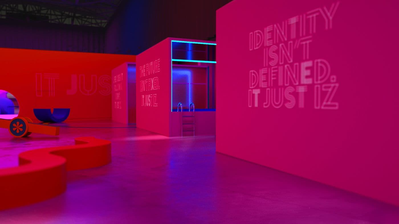 Pink corridor with a neon blue door frame and dark seating area in the distance.