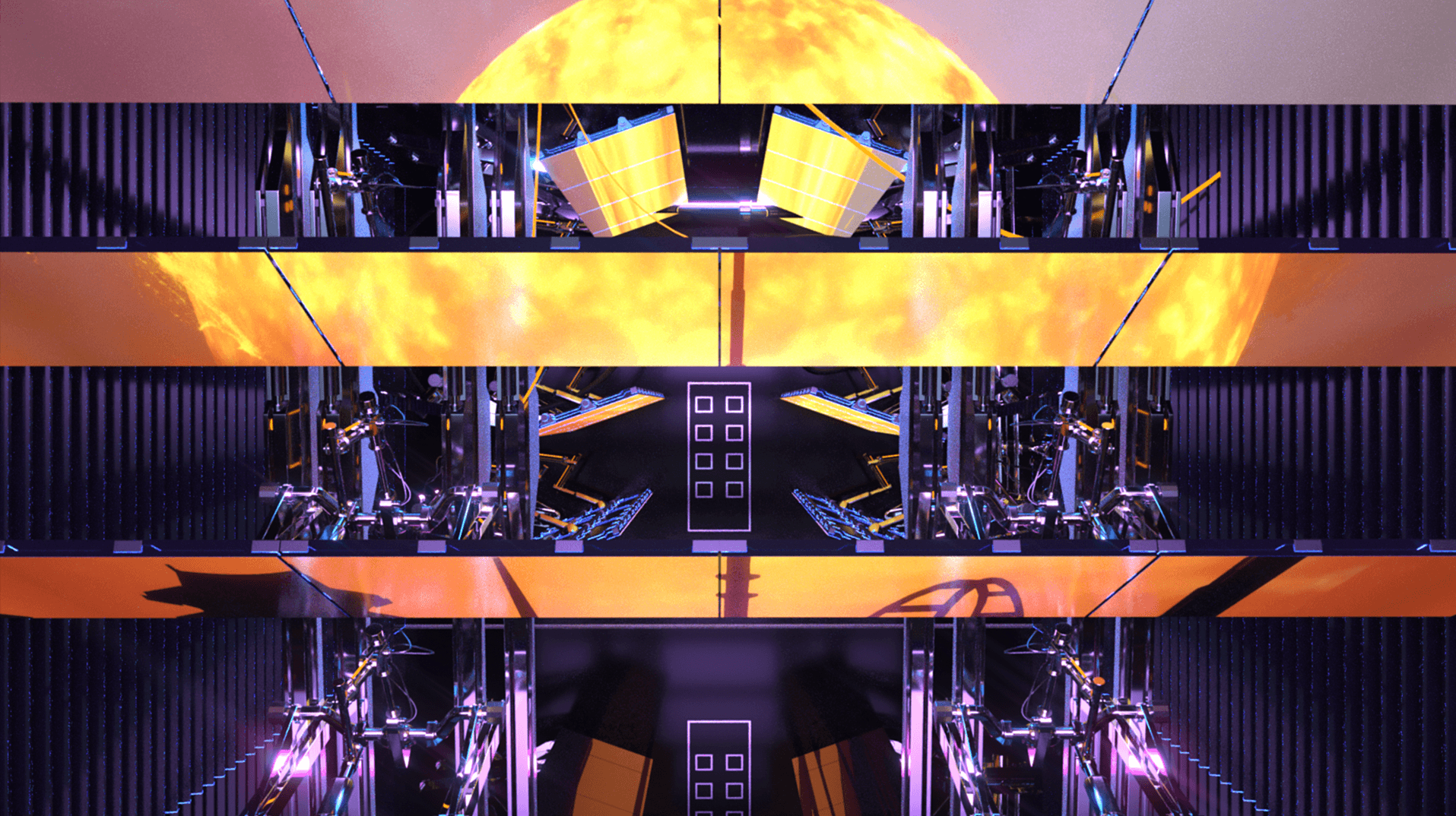 Symmetrical mirrored scene of industrial machinery and scaffolding with a glowing orange sun at the center.