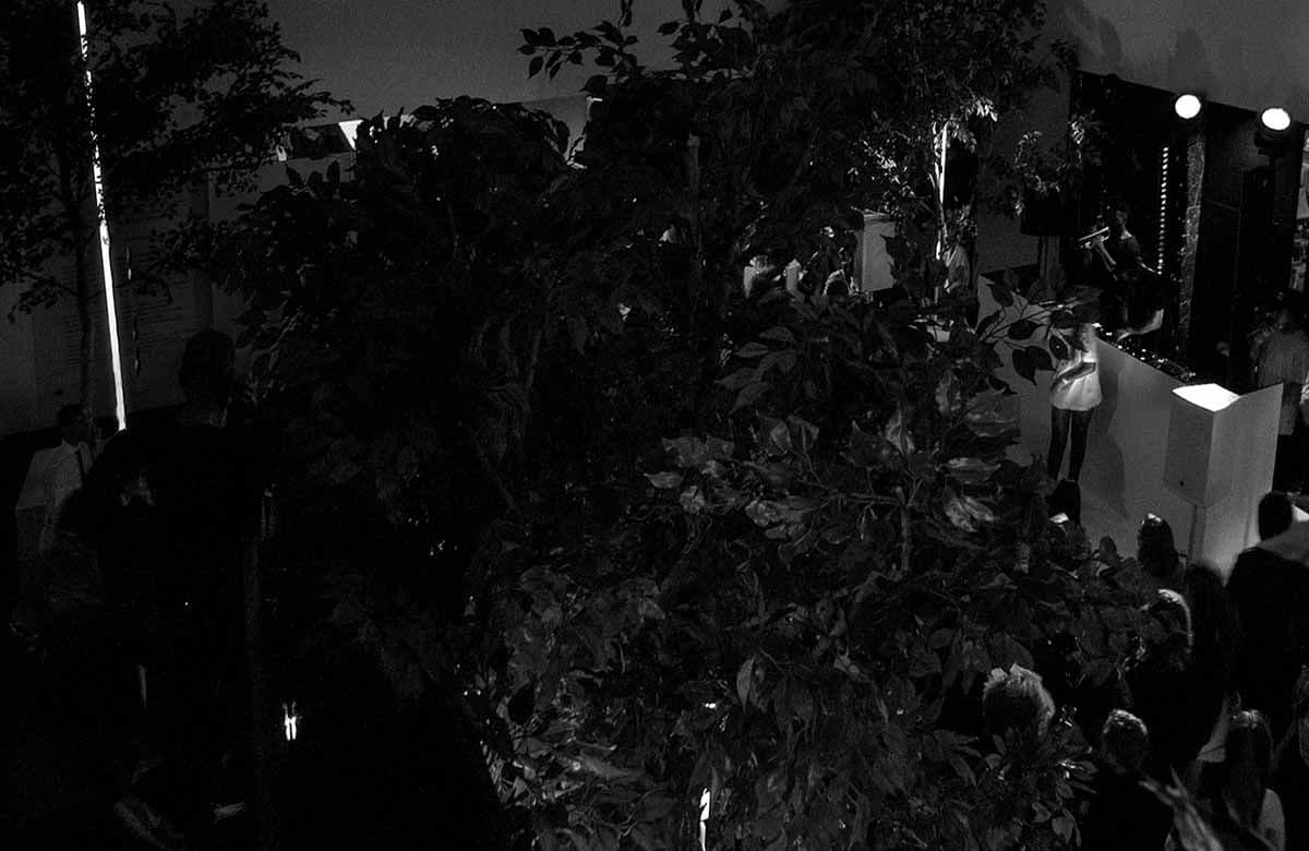 Dark wide shot of dense trees and foliage inside a hall, with a crowd gathered near a small lit stage in the distance.