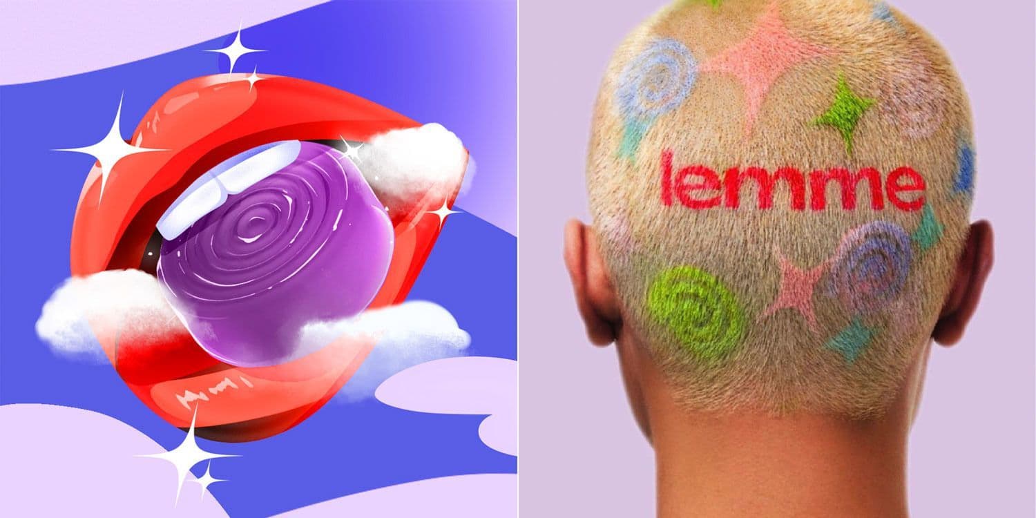 Abstract lips illustration beside a shaved head painted with the lemme logo in colorful swirls.