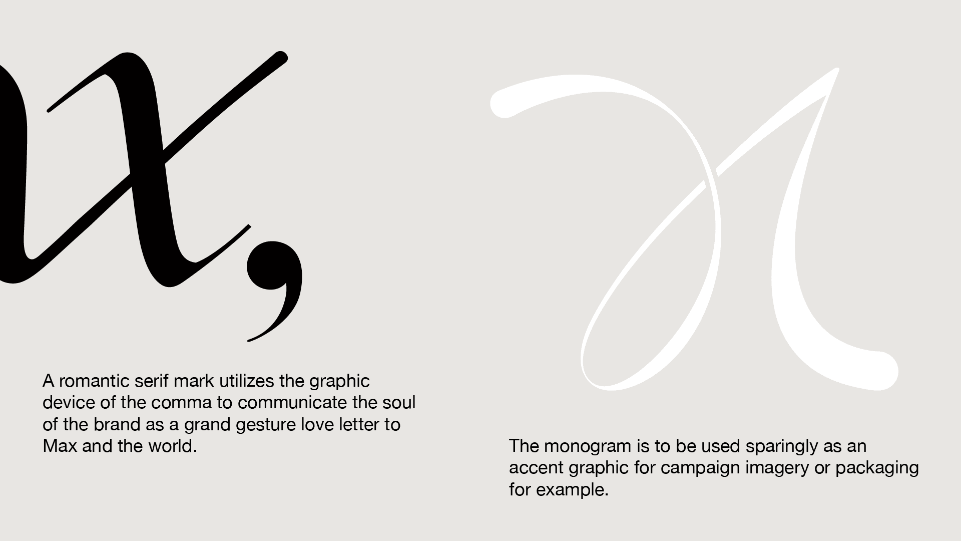 Brand guideline slide showing a serif comma wordmark on black and its white monogram counterpart with usage notes.