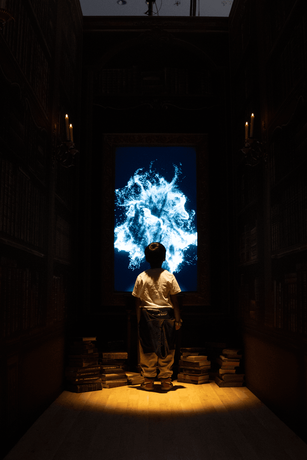 A child sprays virtual paint at a gold-framed interactive screen showing a color-selection interface over a portrait.