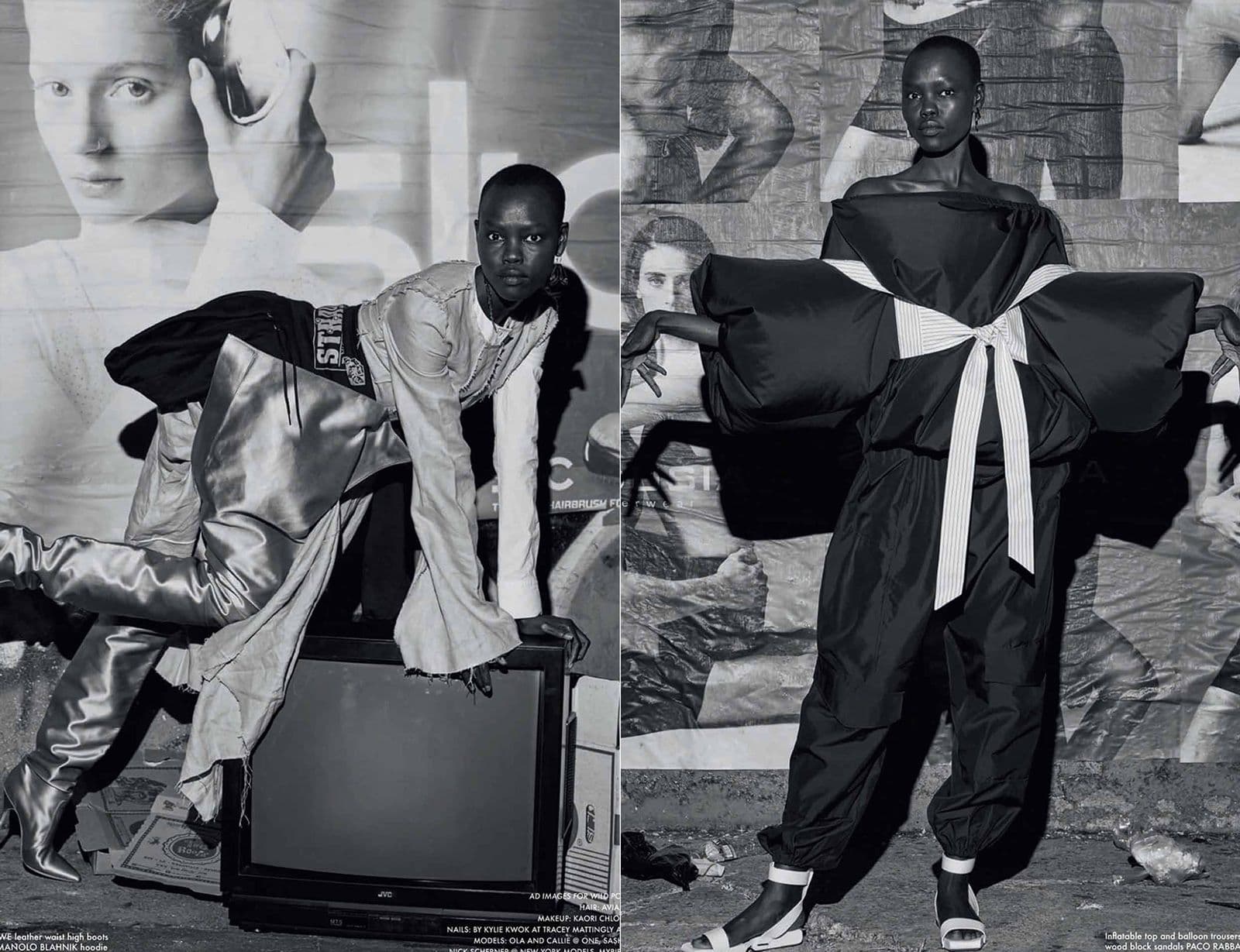 Black-and-white editorial diptych: a model in a metallic silver jacket and white boots crouches over an old television set, beside a model in an oversized black puffer jacket cinched with a wide striped bow posing against a collage-covered wall.