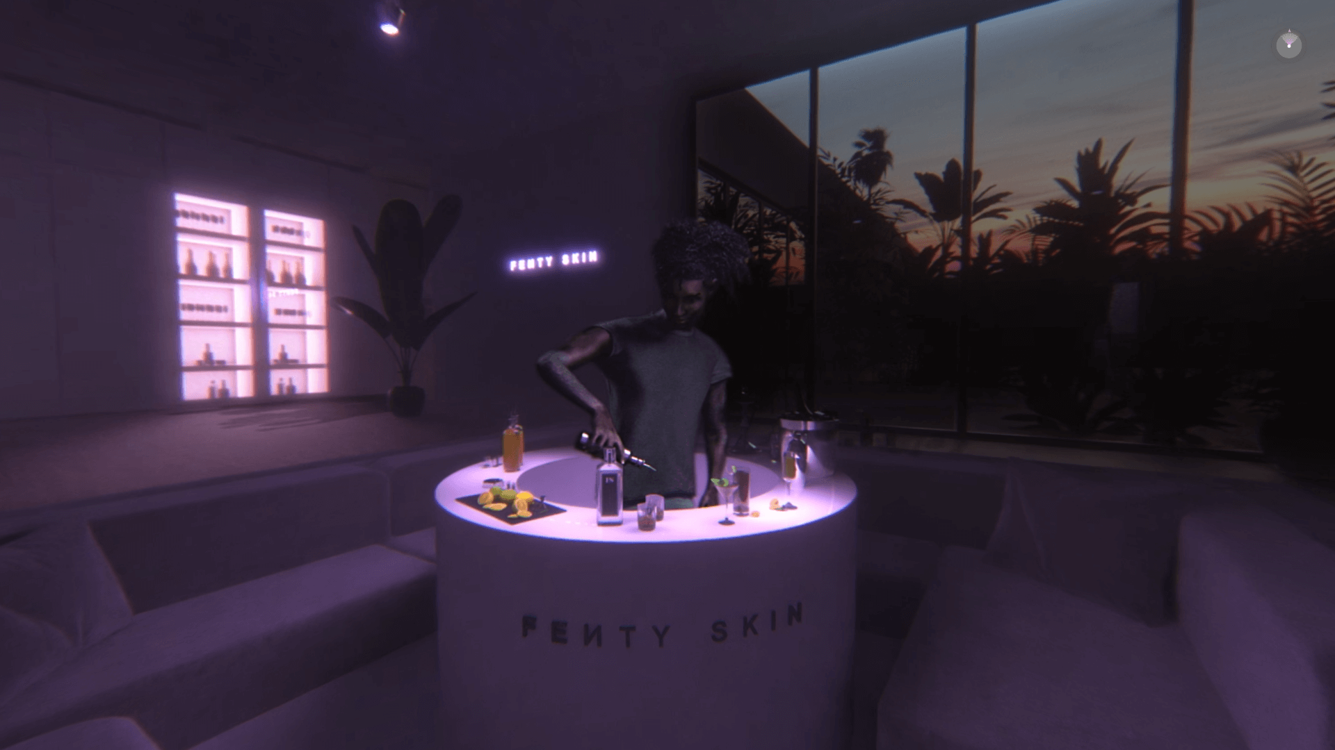Bartender serving drinks behind a glowing circular bar with a FENTY SKIN wordmark on the wall and lounge seating around it.