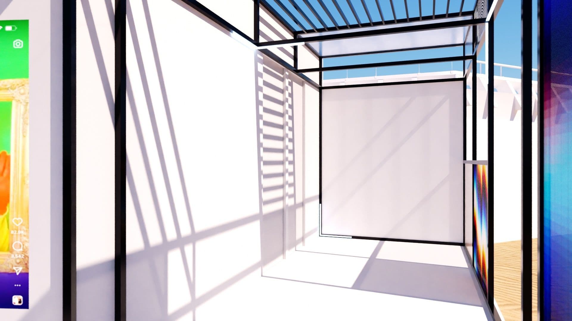 An interior rendering of a glass-framed corridor with striped shading and a blue skylight, colorful reflections visible on the side panels.