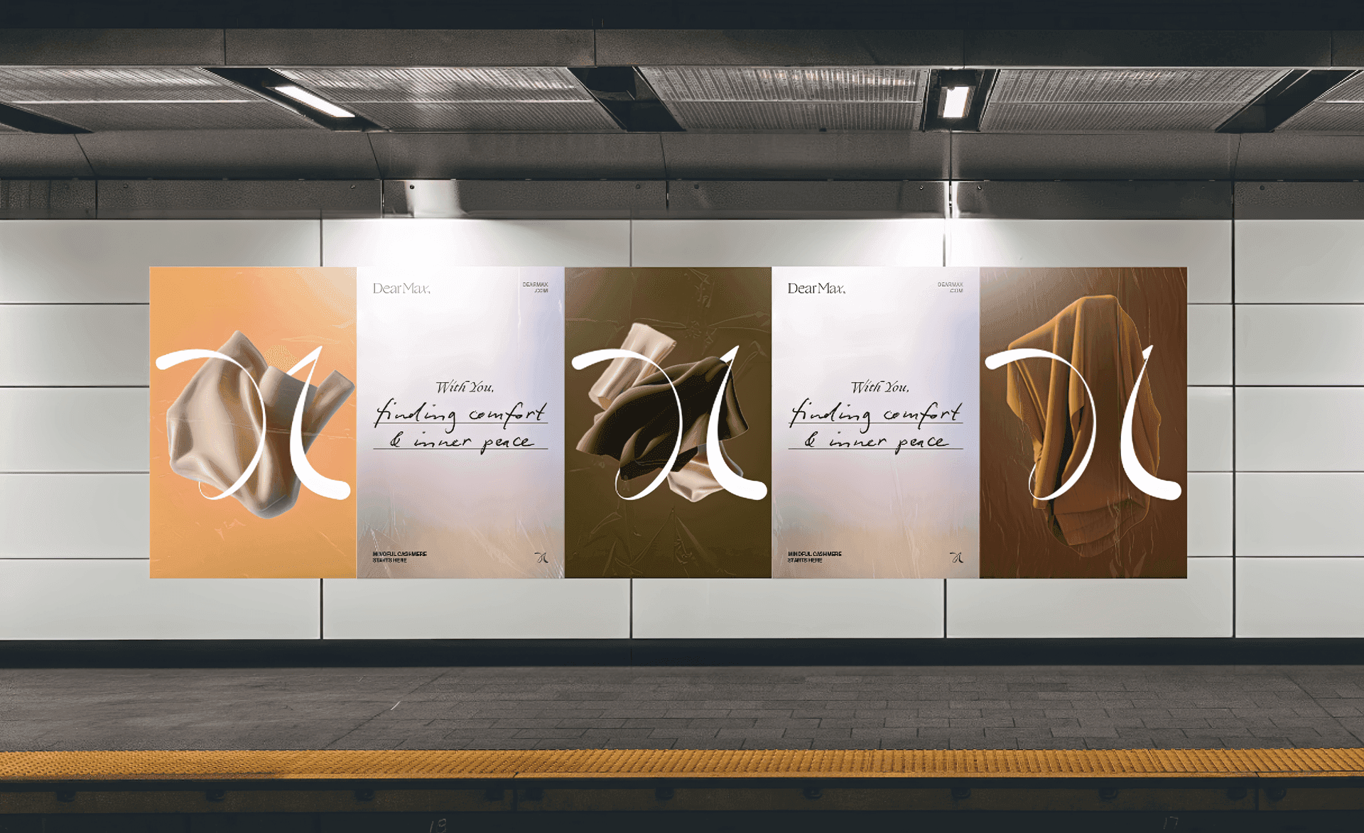Subway platform ad wall with five Dear Max posters featuring draped fabric, comma logo, and script tagline about finding comfort.