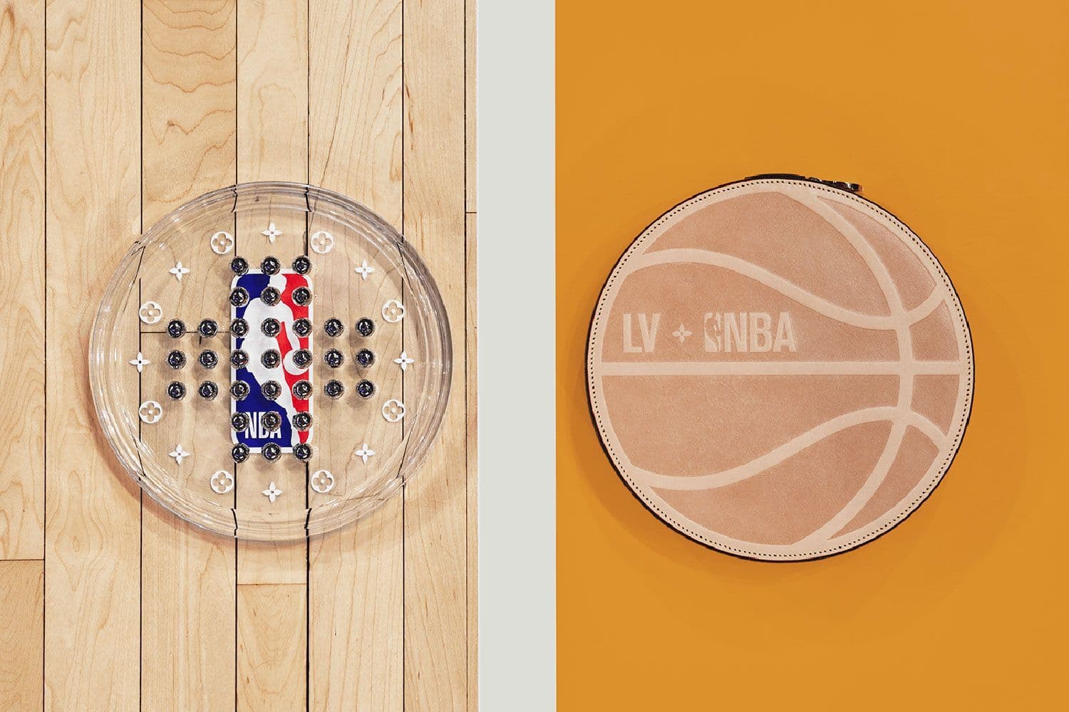 Two circular product details side by side: an NBA-patterned medallion and a tan basketball-textured leather disc.